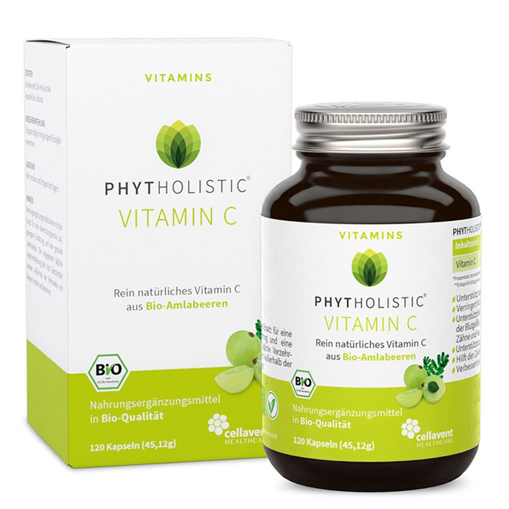 Braune Glasflasche und weiße Schachtel mit Produktaufdruck. Aufschrift: PHYTOLISTIC® VITAMIN C, BIO-Qualität.