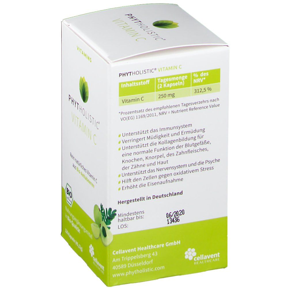 Weiße Schachtel, Rückseite. Text: PHYTOLISTIC® VITAMIN C. Nährwerttabelle. Hergestellt in Deutschland. Mindesthaltbarkeit.