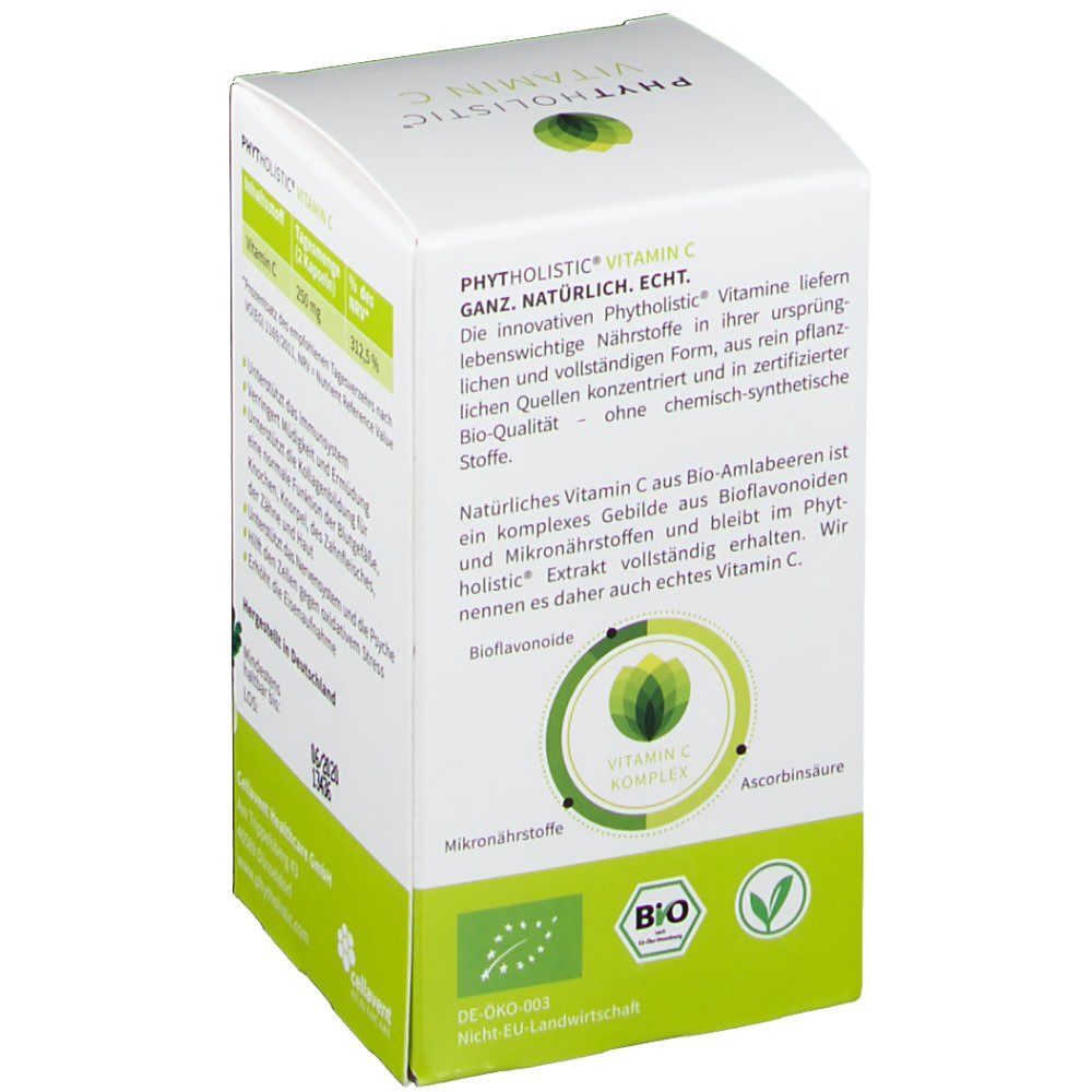 Weiße Schachtel, Seite. Text: PHYTOLISTIC® VITAMIN C. Informationen zu Inhaltsstoffen und Bioflavonoiden. BIO-Siegel.