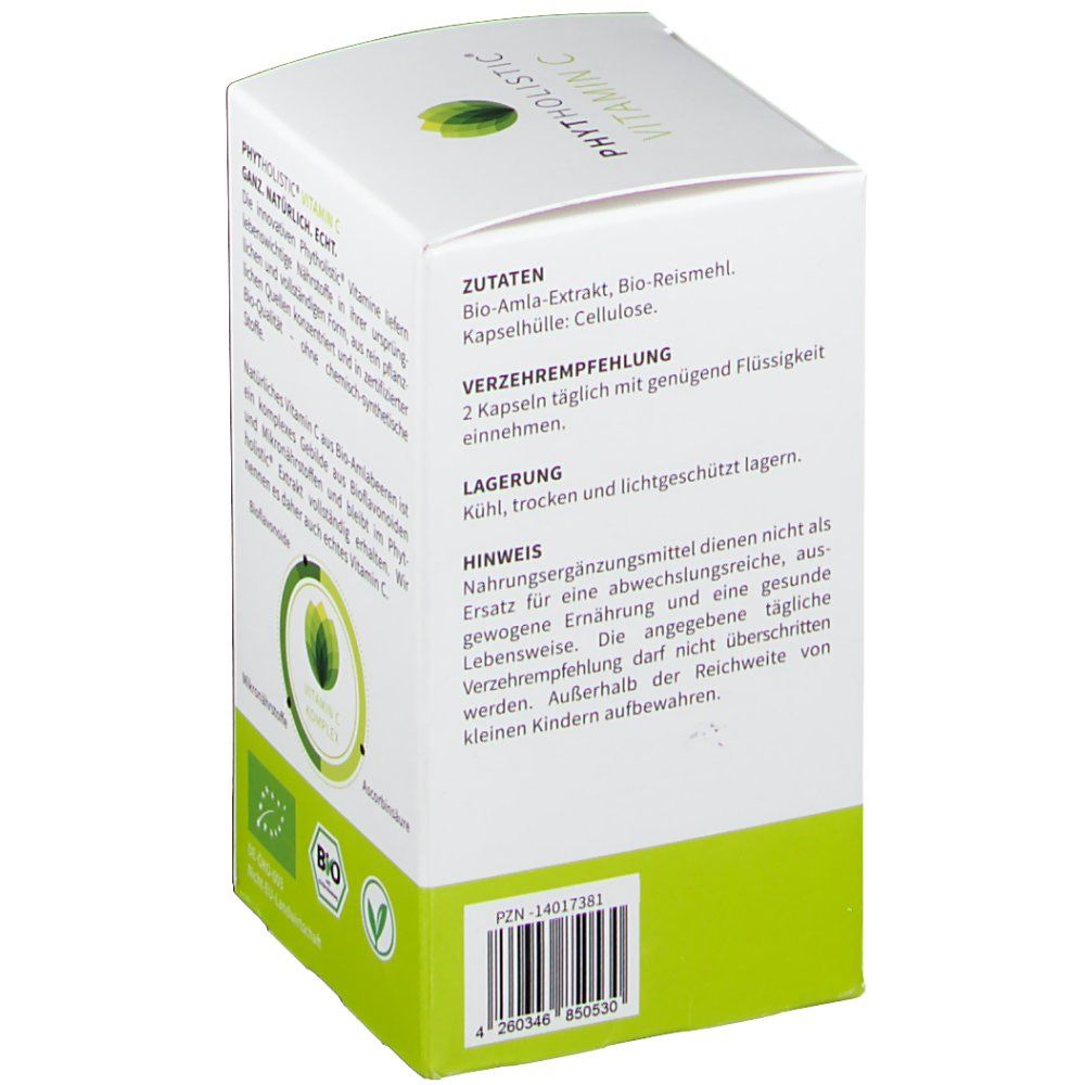 Weiße Schachtel, Seite. Text: PHYTOLISTIC® VITAMIN C. Zutaten, Verzehrempfehlung, Lagerung. Barcode und PZN.