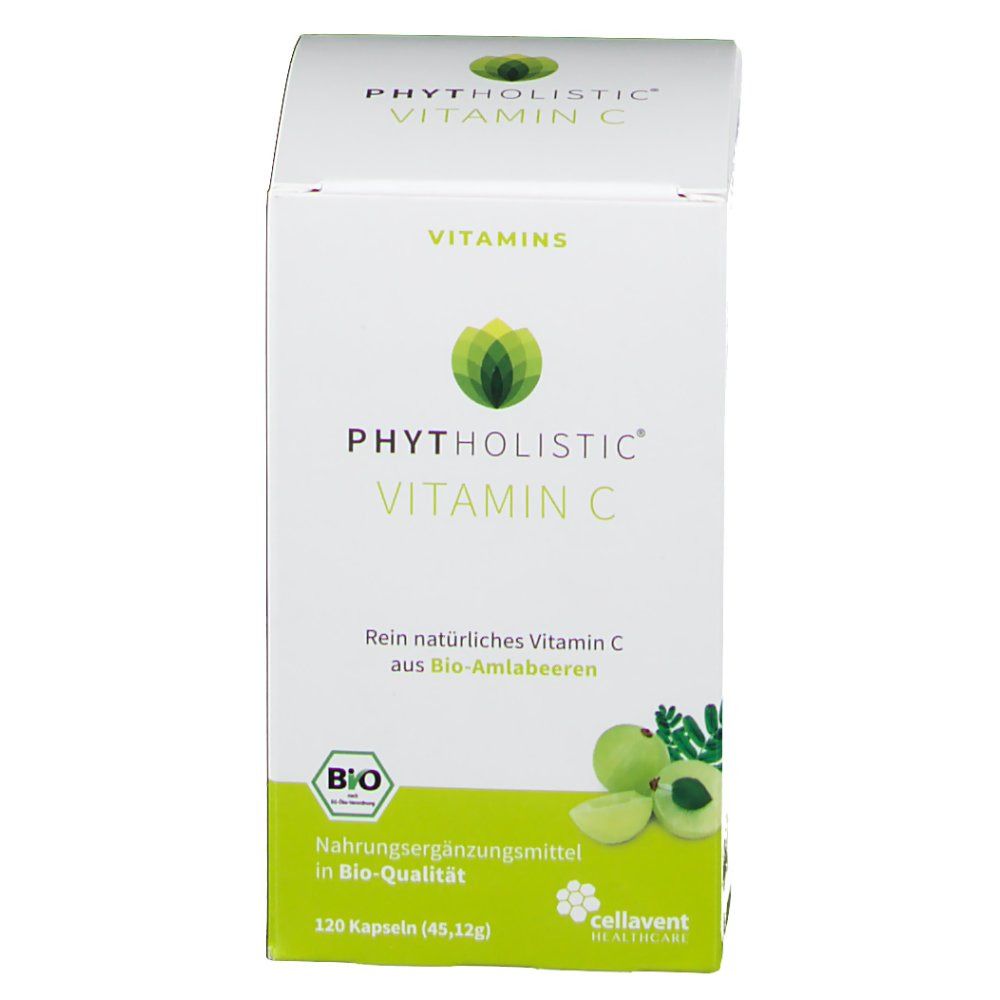 Weiße Schachtel mit Produktaufdruck. Aufschrift: PHYTOLISTIC® VITAMIN C, BIO-Qualität. 120 Kapseln.