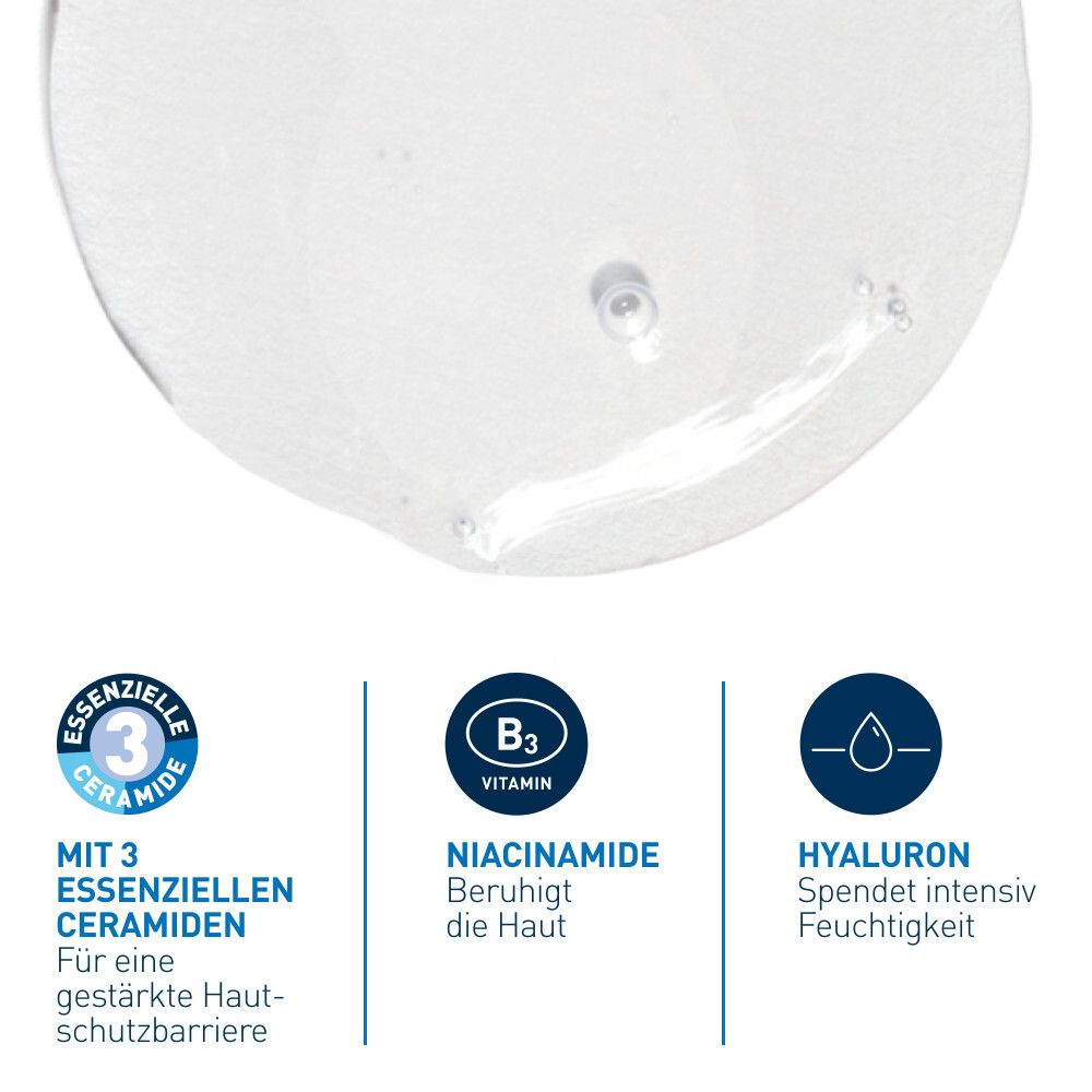 Nahaufnahme von Gel. Mit 3 essentiellen Ceramiden, Vitamin B3 und Hyaluron.