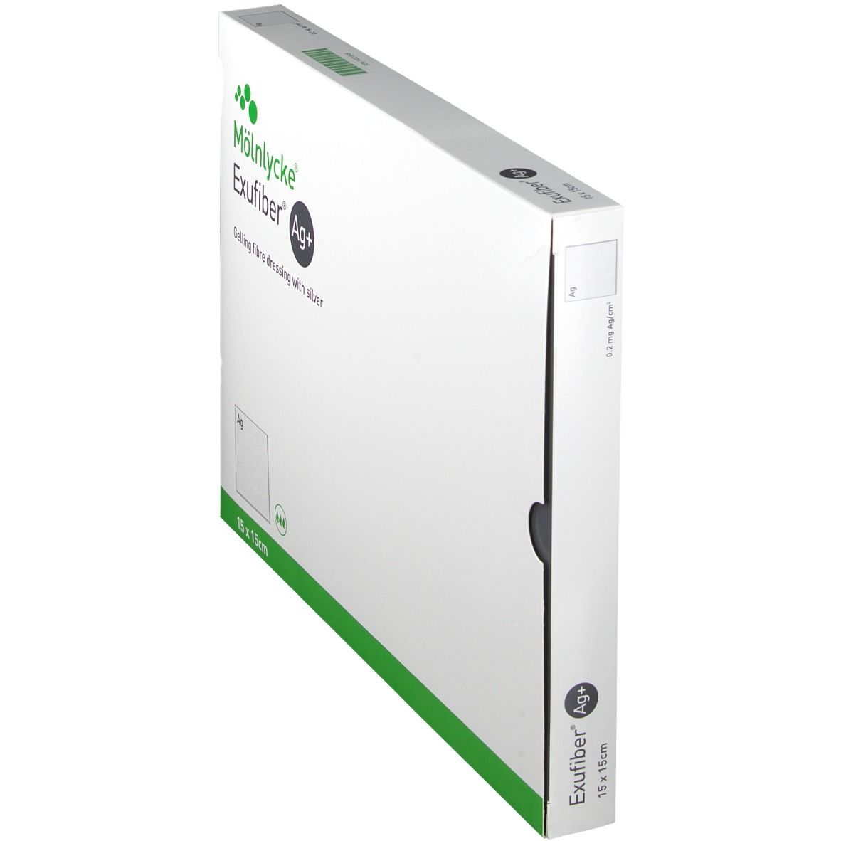 Exufiber Ag+ 15 x 15 cm Verpackung, schräg. Gelling Fibre Wundauflage mit Silber. Grün-weiße Verpackung mit Produktnamen.