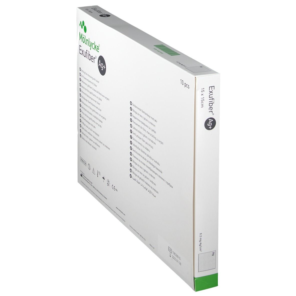 Exufiber Ag+ Verpackung, schräg. Gelling Fibre Wundauflage mit Silber. 10 Stück. Grün-weiße Verpackung.