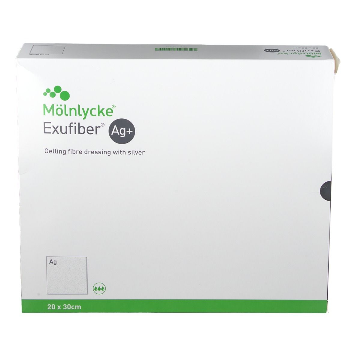 Exufiber Ag+ Verpackung. Marke: Mölnlycke. Gelling Fibre Wundauflage mit Silber. Größe: 20 x 30 cm.