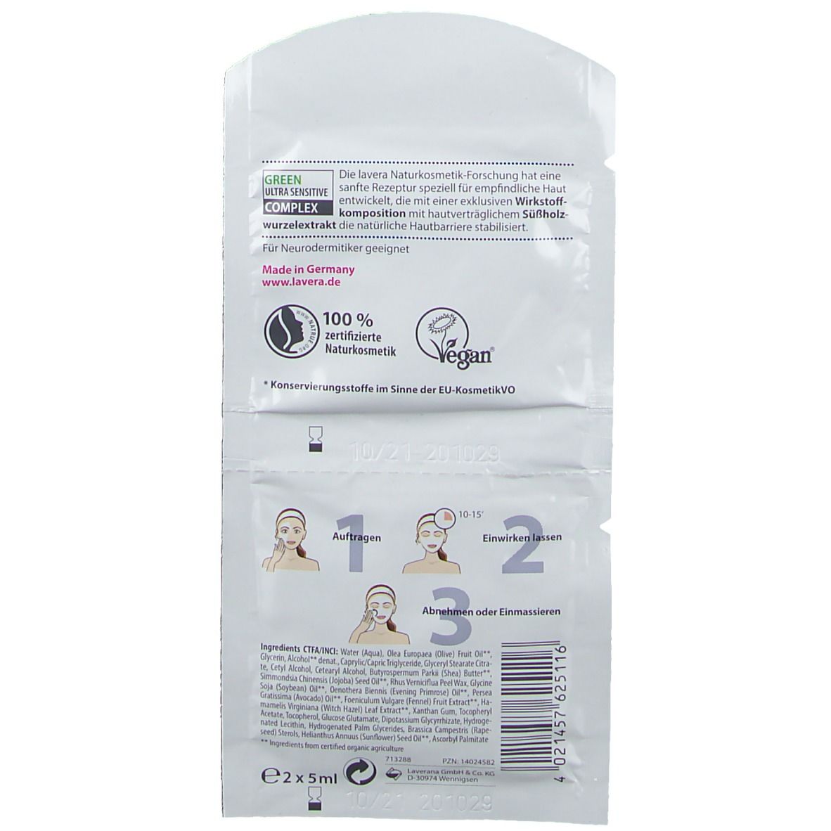 Rückseite der Doppelpackung lavera Neutral Pflegemaske intensiv. Enthält Anwendungsanleitung und Inhaltsstoffe. Vegan-Siegel.