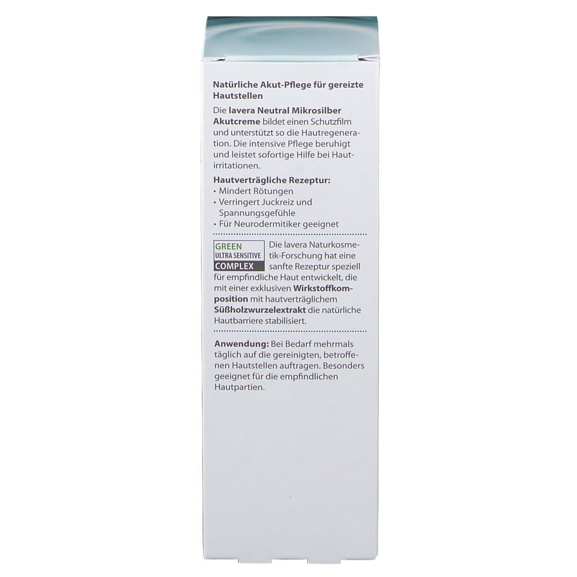 Rückseite der Produktverpackung. Enthält Text über die Inhaltsstoffe und Anwendung. Grünes Siegel.