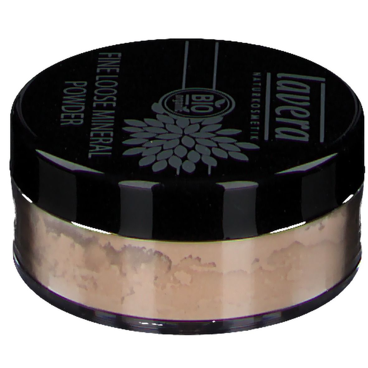 Runder Behälter mit losem Mineralpuder. Schwarzer Deckel mit Schriftzug: lavera, FINE LOOSE MINERAL POWDER, Bio-Siegel. Puder in Ivory-Farbe.