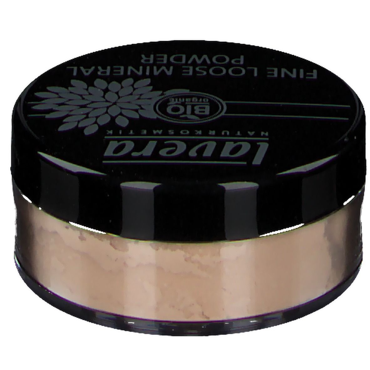 Runder Behälter mit losem Mineralpuder. Schwarzer Deckel mit Schriftzug: lavera, FINE LOOSE MINERAL POWDER, Bio-Siegel. Puder in Ivory-Farbe.