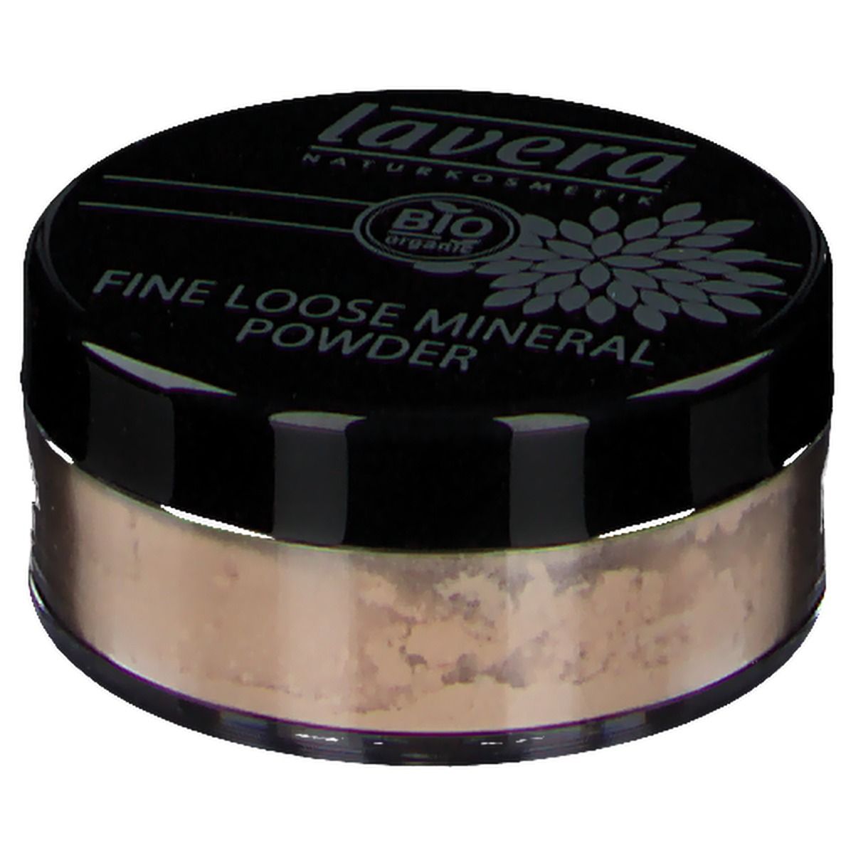 Runder Behälter mit losem Mineralpuder. Schwarzer Deckel mit Schriftzug: lavera, FINE LOOSE MINERAL POWDER, Bio-Siegel. Puder in Ivory-Farbe.