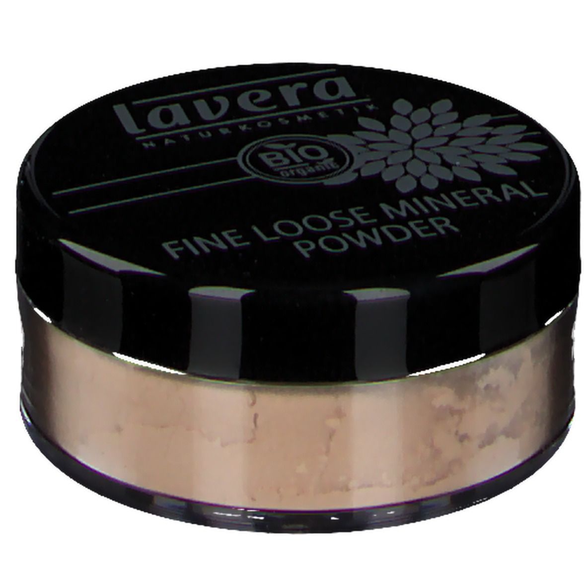 Runder Behälter mit losem Mineralpuder. Schwarzer Deckel mit Schriftzug: lavera, FINE LOOSE MINERAL POWDER, Bio-Siegel. Puder in Ivory-Farbe.