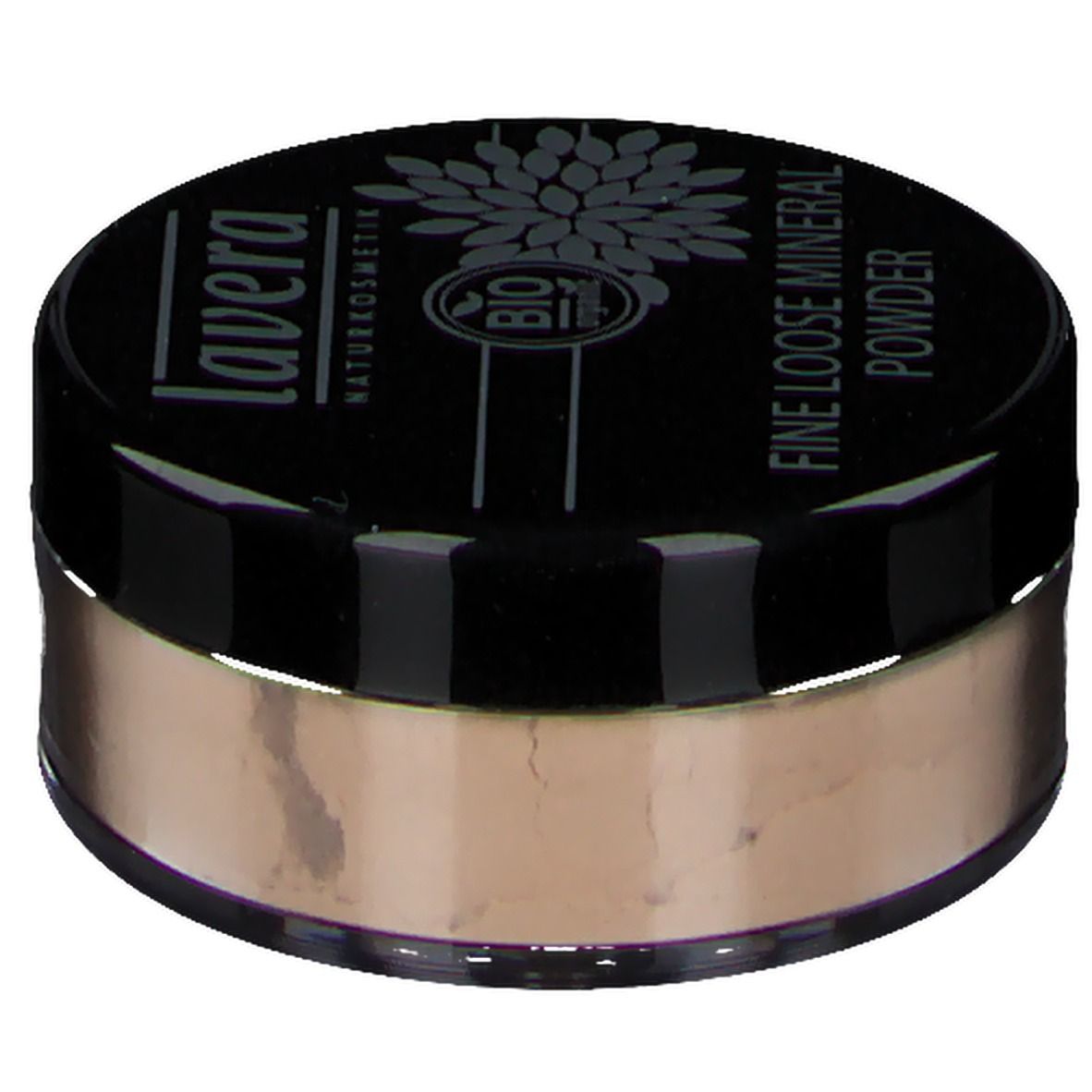 Runder Behälter mit losem Mineralpuder. Schwarzer Deckel mit Schriftzug: lavera, FINE LOOSE MINERAL POWDER, Bio-Siegel. Puder in Ivory-Farbe.