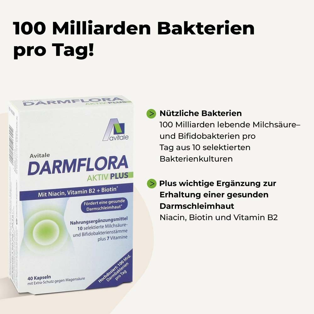 Text: 100 Milliarden Bakterien pro Tag! Produktverpackung von Avitale Darmflora Aktiv Plus.