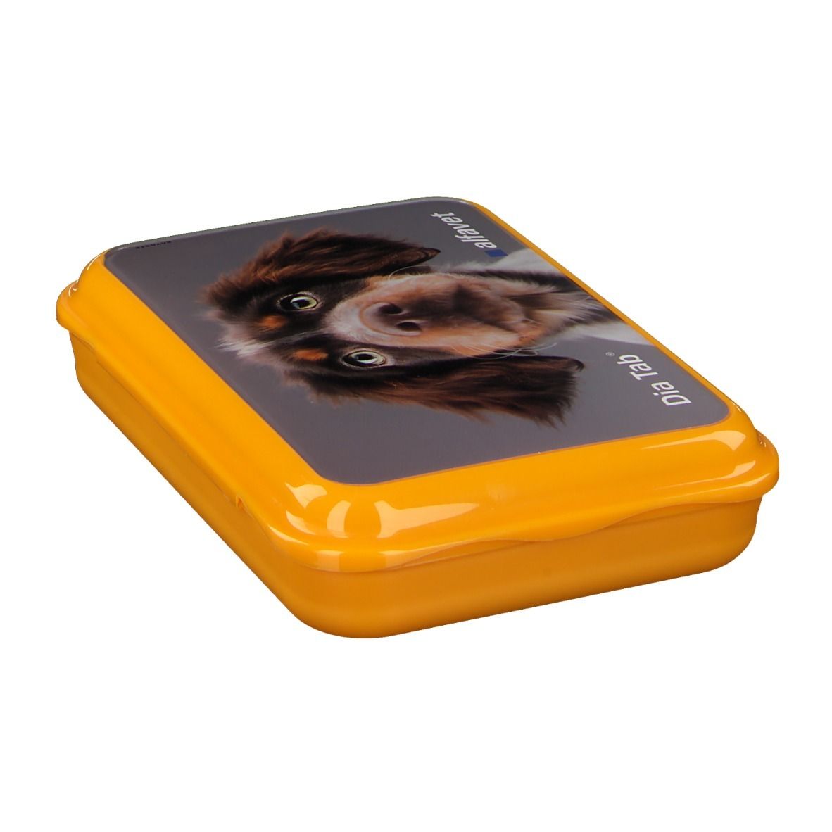 Gelbe Tablettenbox mit Hundebild. Aufschrift Dia Tab und alfavet.