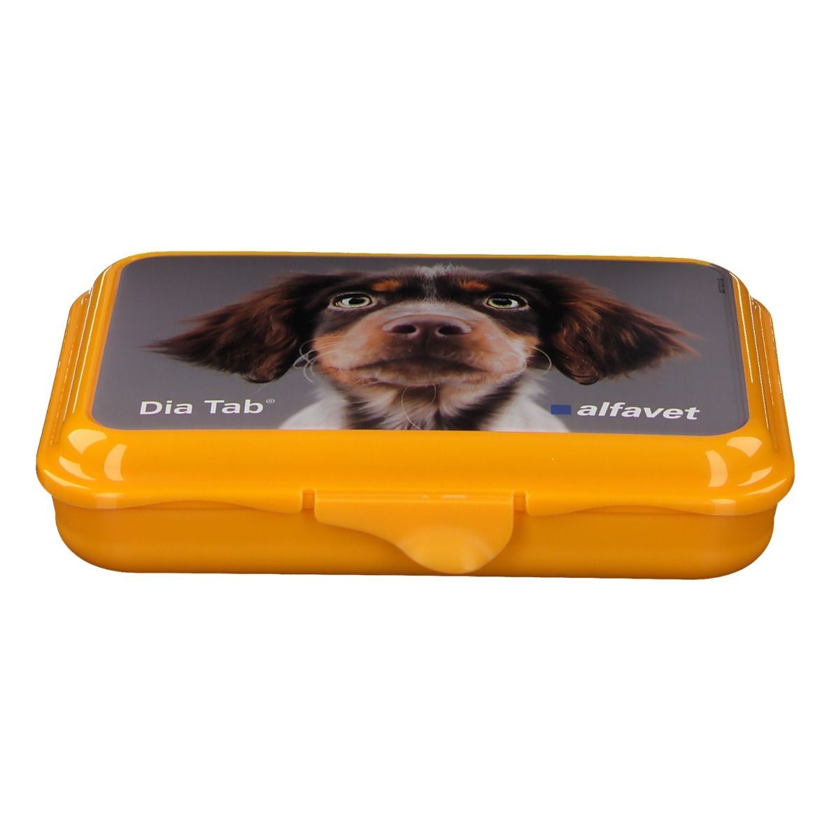 Gelbe Tablettenbox mit Hundebild. Aufschrift Dia Tab und alfavet.