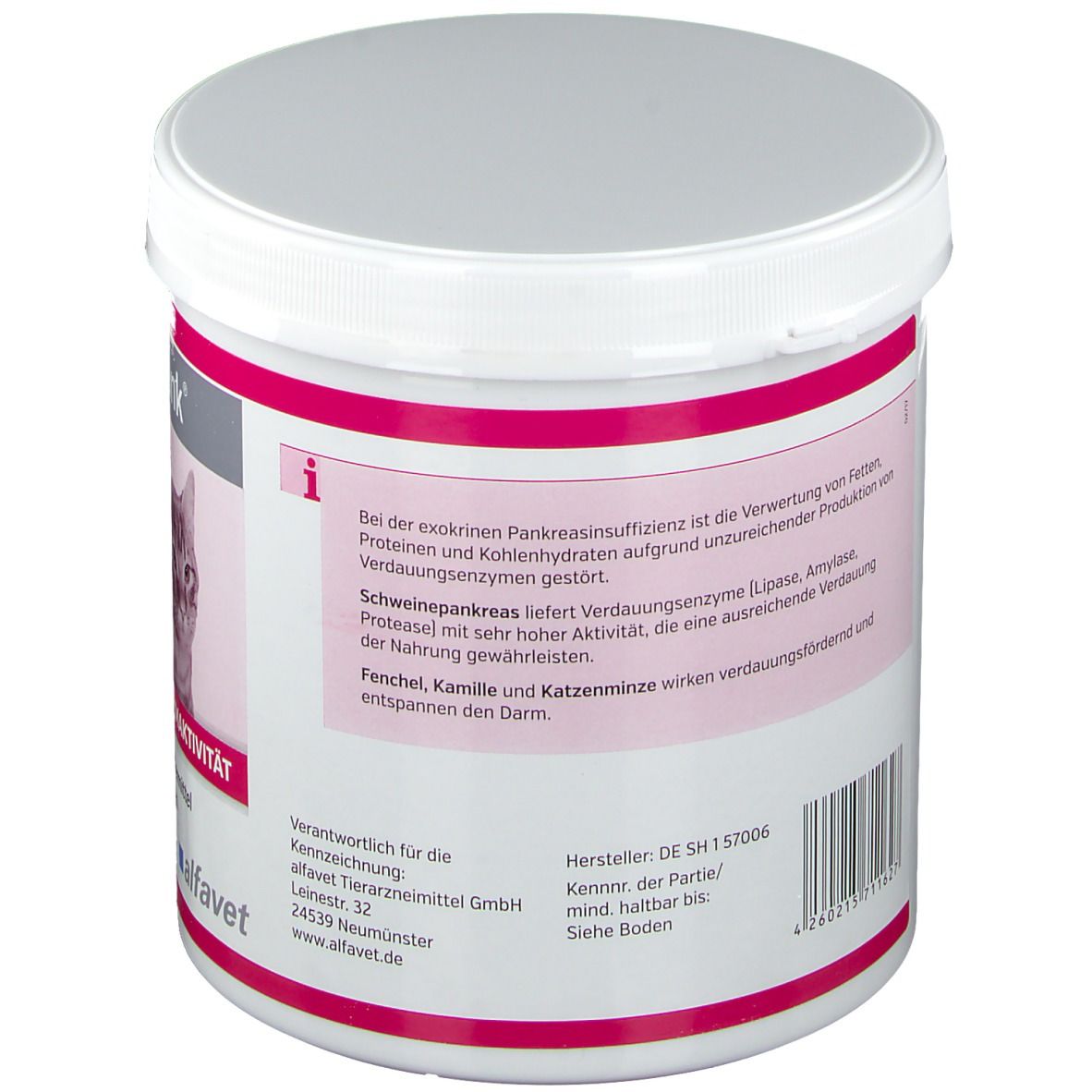 Weißer Behälter, Rückseite. Textinformationen, u.a. zu Schweinepankreas, Fenchel, Kamille. Herstellerinformationen.