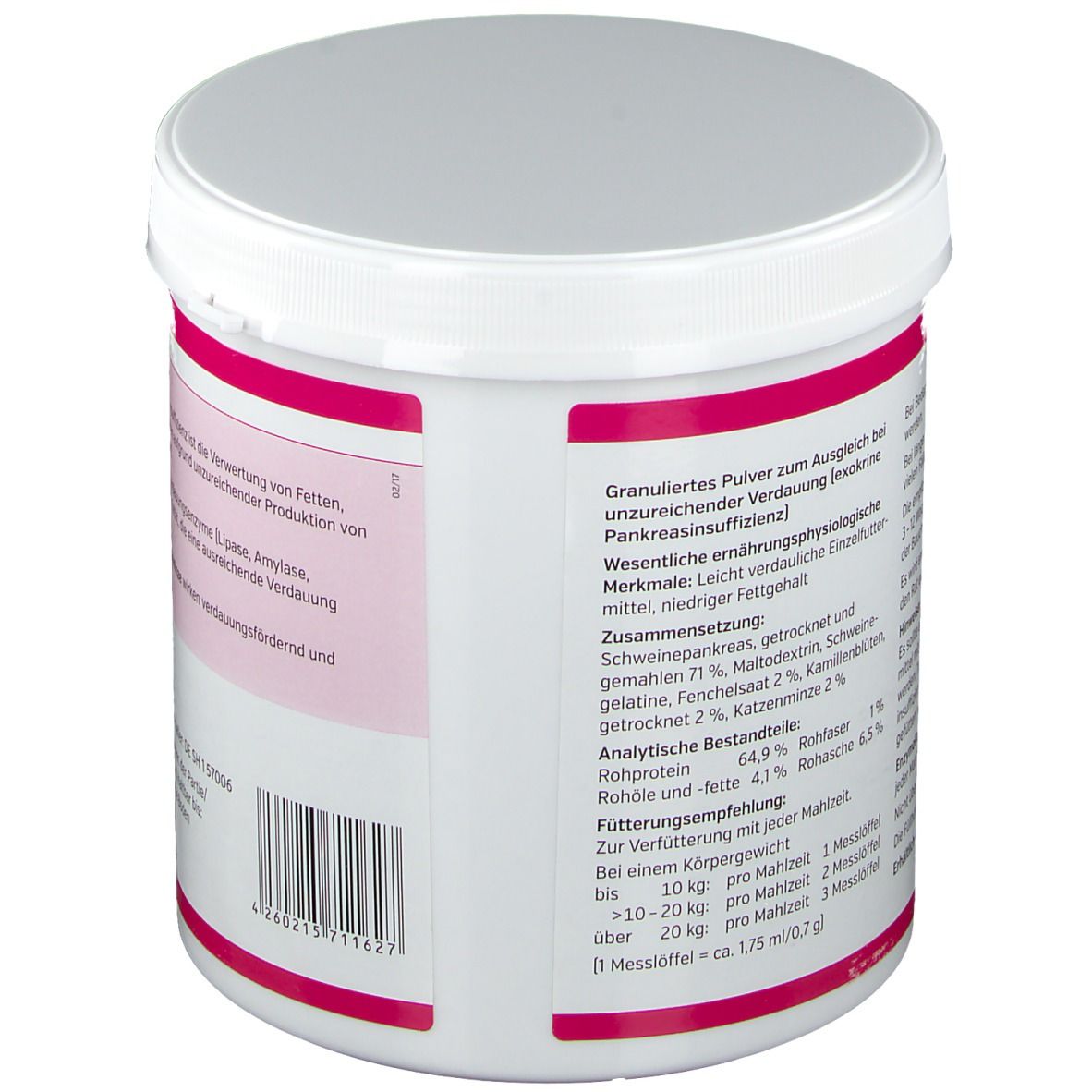 Weißer Behälter, Seitenansicht. Textinformationen, u.a. zu Inhaltsstoffen, Fütterungsempfehlung, Messlöffel.