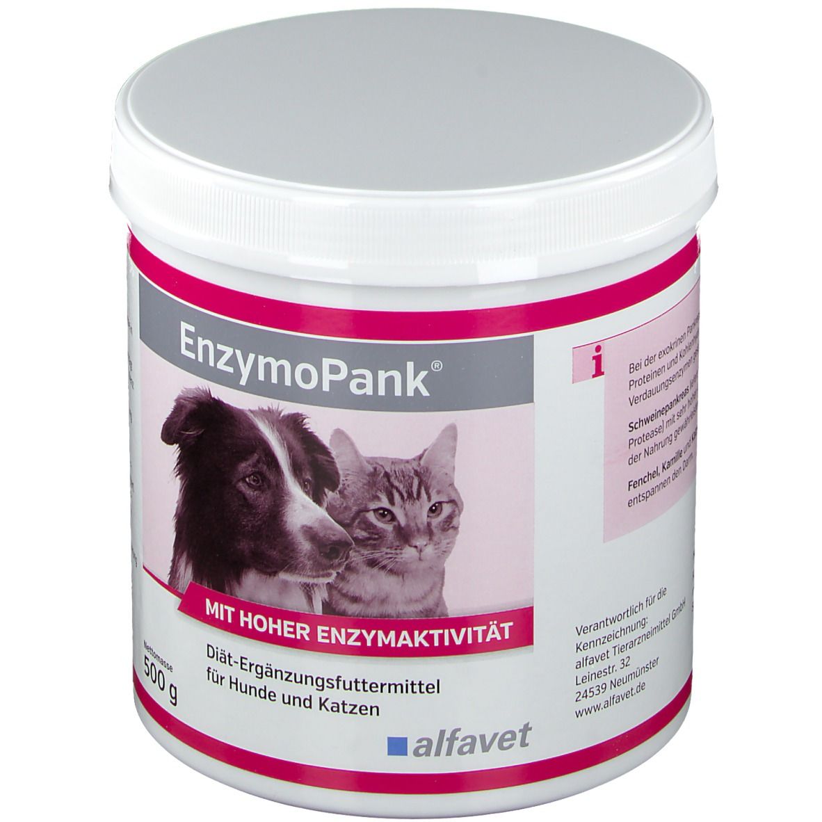 Weißer Behälter mit Deckel. Aufschrift EnzymoPank, Abbildung Hund und Katze. Text: Mit hoher Enzymaktivität.
