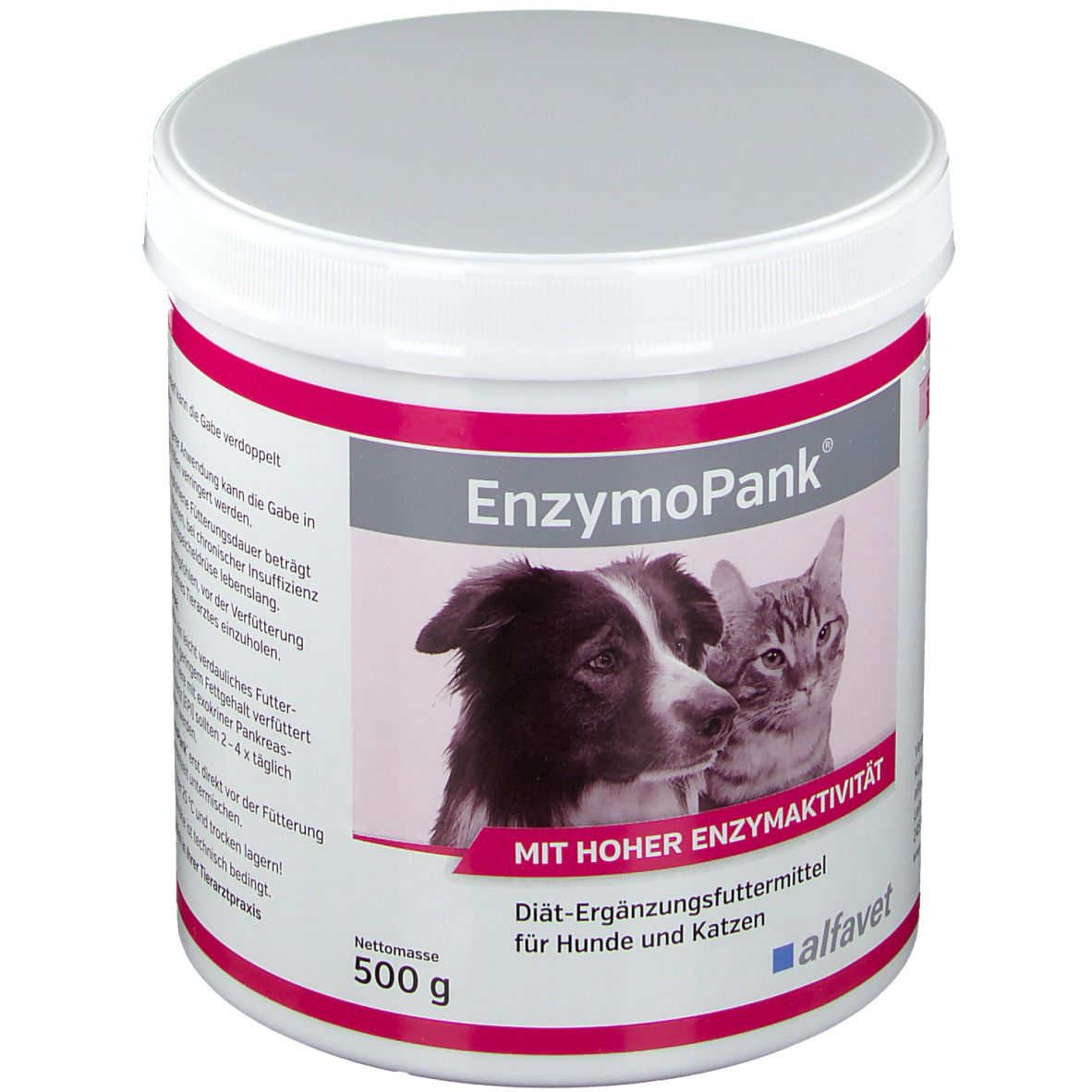 Weißer Behälter mit Deckel. Aufschrift EnzymoPank, Abbildung Hund und Katze. Text: Mit hoher Enzymaktivität. Nettomasse 500 g.