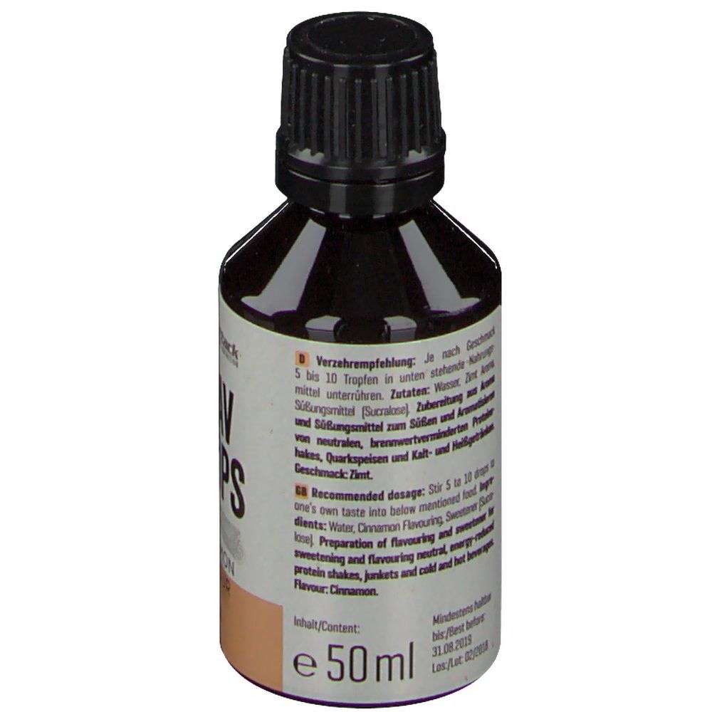 Braune Flasche mit schwarzem Deckel. Aufschrift: Flav Drops, Cinnamon Flavour. Text über Inhaltsstoffe und Dosierung.