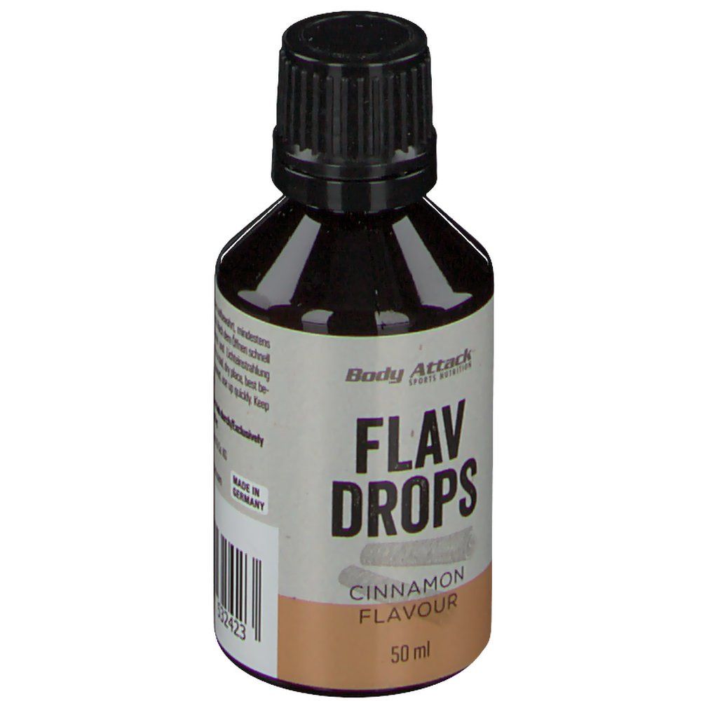 Braune Flasche mit schwarzem Deckel. Aufschrift: Flav Drops, Cinnamon Flavour, 50 ml. Marke: Body Attack. Barcode.