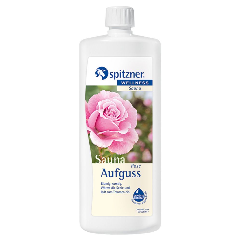 Weiße Flasche mit Etikett. Auf dem Etikett: Rose, Sauna Aufguss, Spitzner Wellness. Abbildung einer rosa Rose.