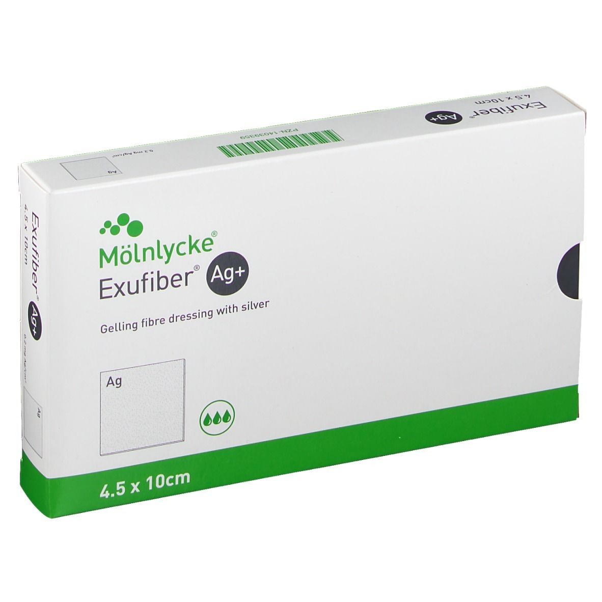 Verpackung von Exufiber Ag+ 4,5 x 10 cm. Weiß mit grünen Akzenten. Produktname und Größe deutlich sichtbar.