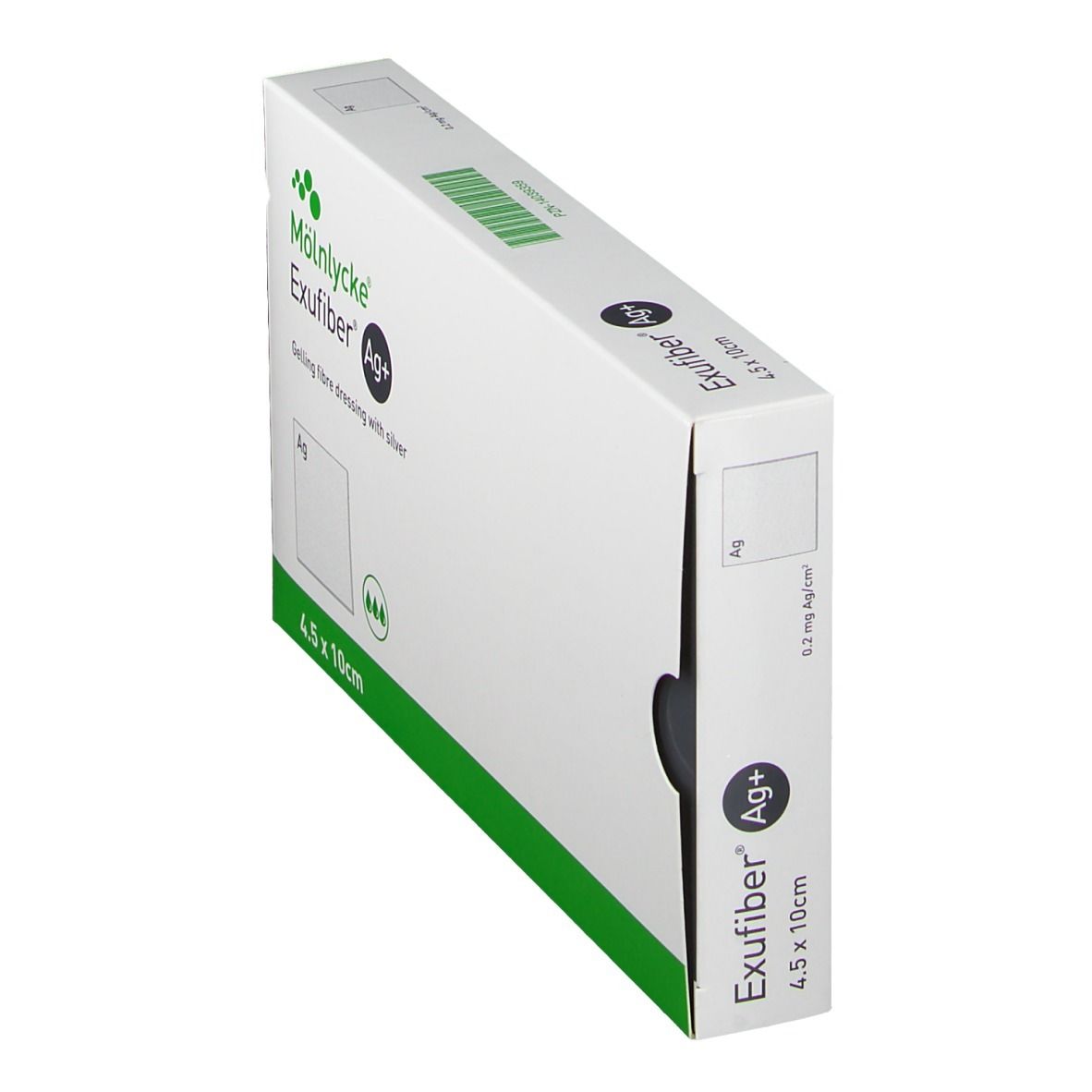 Exufiber Ag+ 4,5 x 10 cm Verpackung, schräg. Weiß mit grünen Akzenten. Produktname und Größe sichtbar.