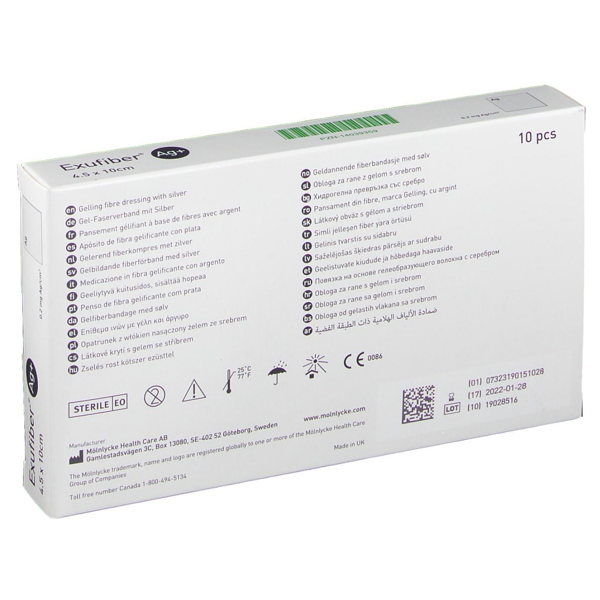 Rückseite der Exufiber Ag+ 4,5 x 10 cm Verpackung. Mehrsprachige Texte und Symbole. 10 Stück.