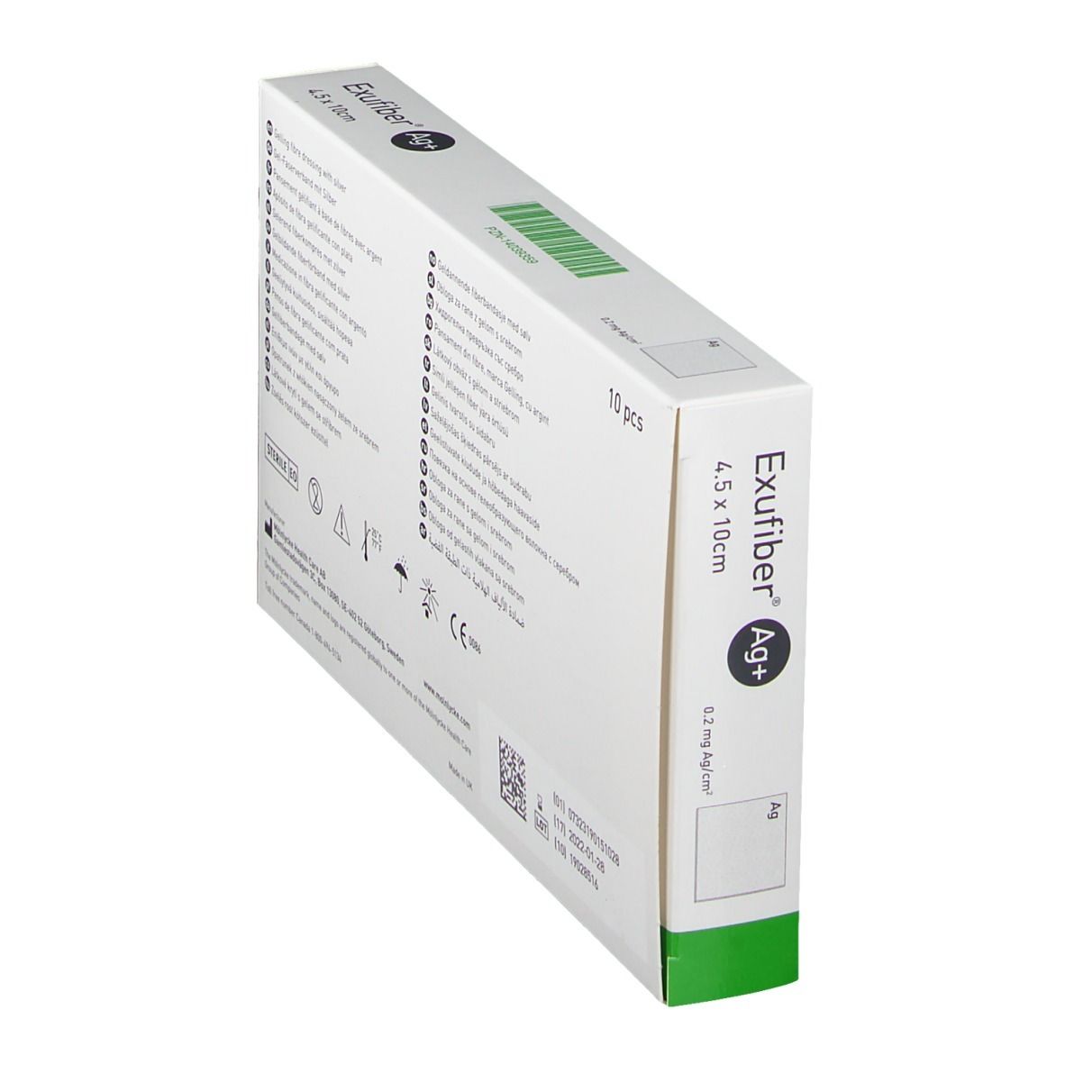 Exufiber Ag+ 4,5 x 10 cm Verpackung, schräg. Rückseite mit Texten und Symbolen. 10 Stück.