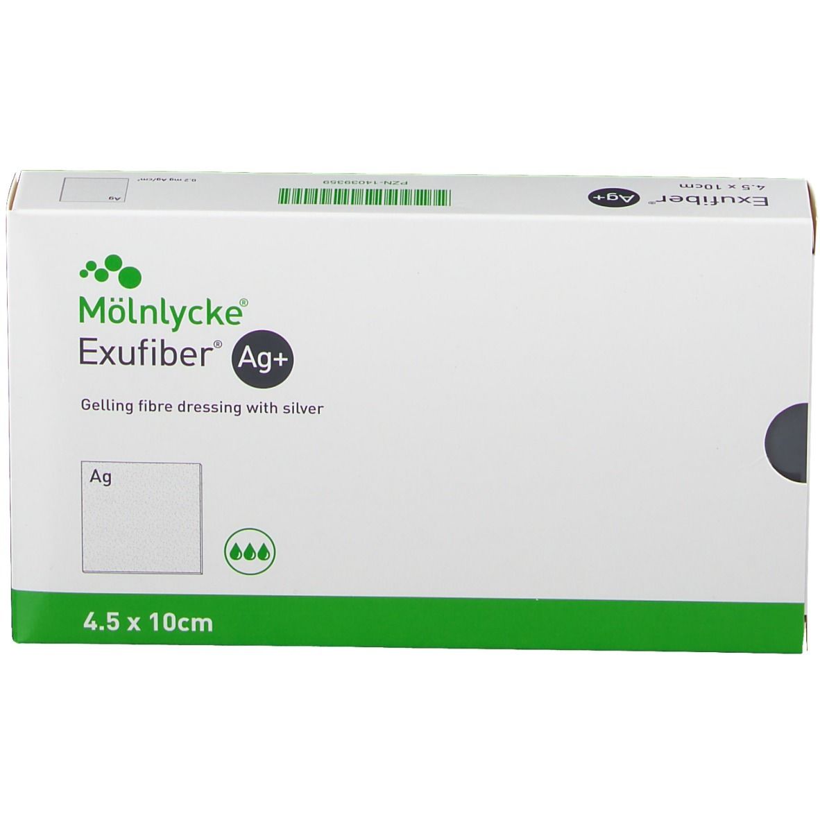 Exufiber Ag+ 4,5 x 10 cm Verpackung. Weiß mit grünen Akzenten. Produktname und Größe deutlich sichtbar.
