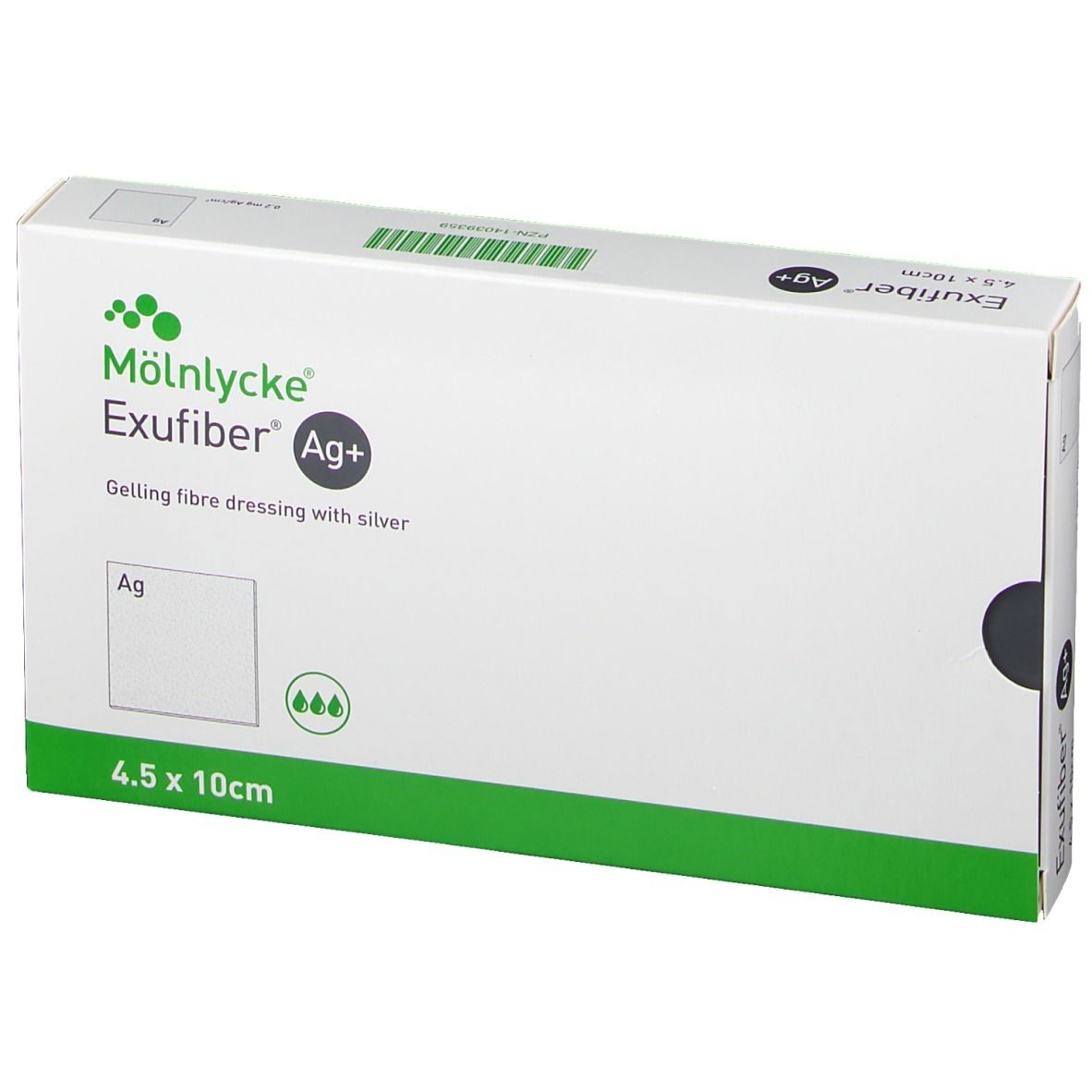 Exufiber Ag+ 4,5 x 10 cm Verpackung. Weiß mit grünen Akzenten. Produktname und Größe deutlich sichtbar.