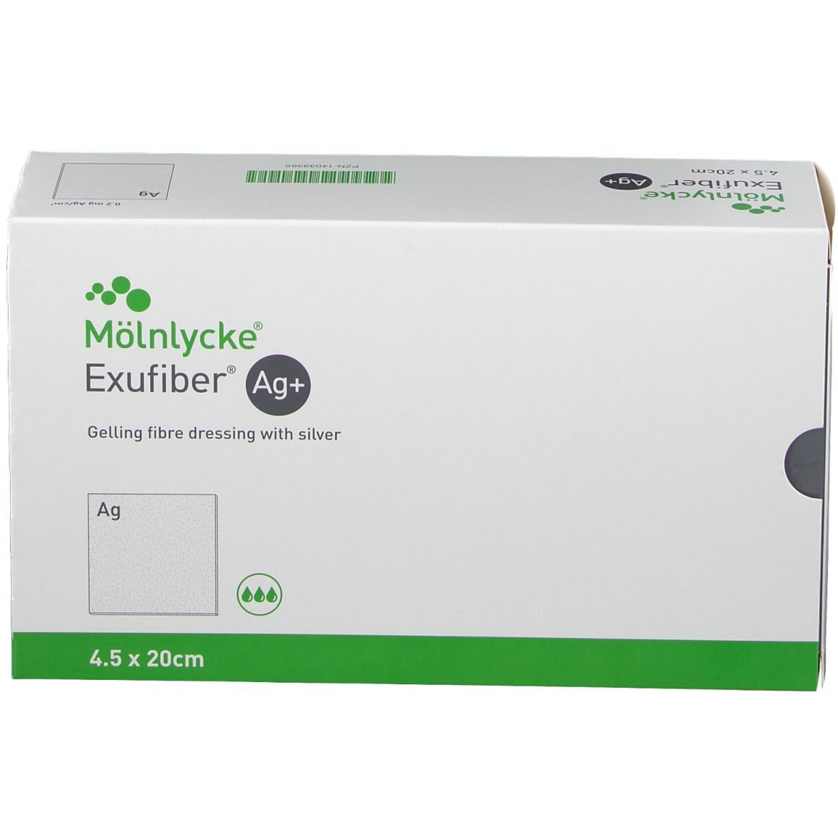 Verpackung von Exufiber Ag+ Wundauflage. Weißer Karton mit grünen Akzenten. Produktname und Größe 4,5 x 20 cm sind sichtbar.