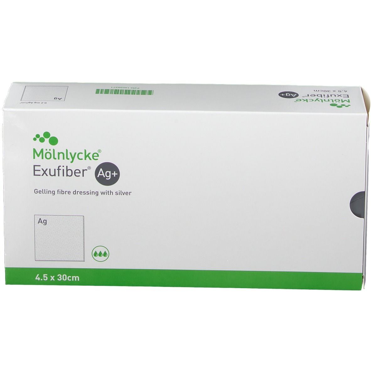 Verpackung von Mölnlycke Exufiber Ag+ Wundauflage. Größe 4,5 x 30 cm. Mit Silber. Weißer Karton mit grünen Akzenten.