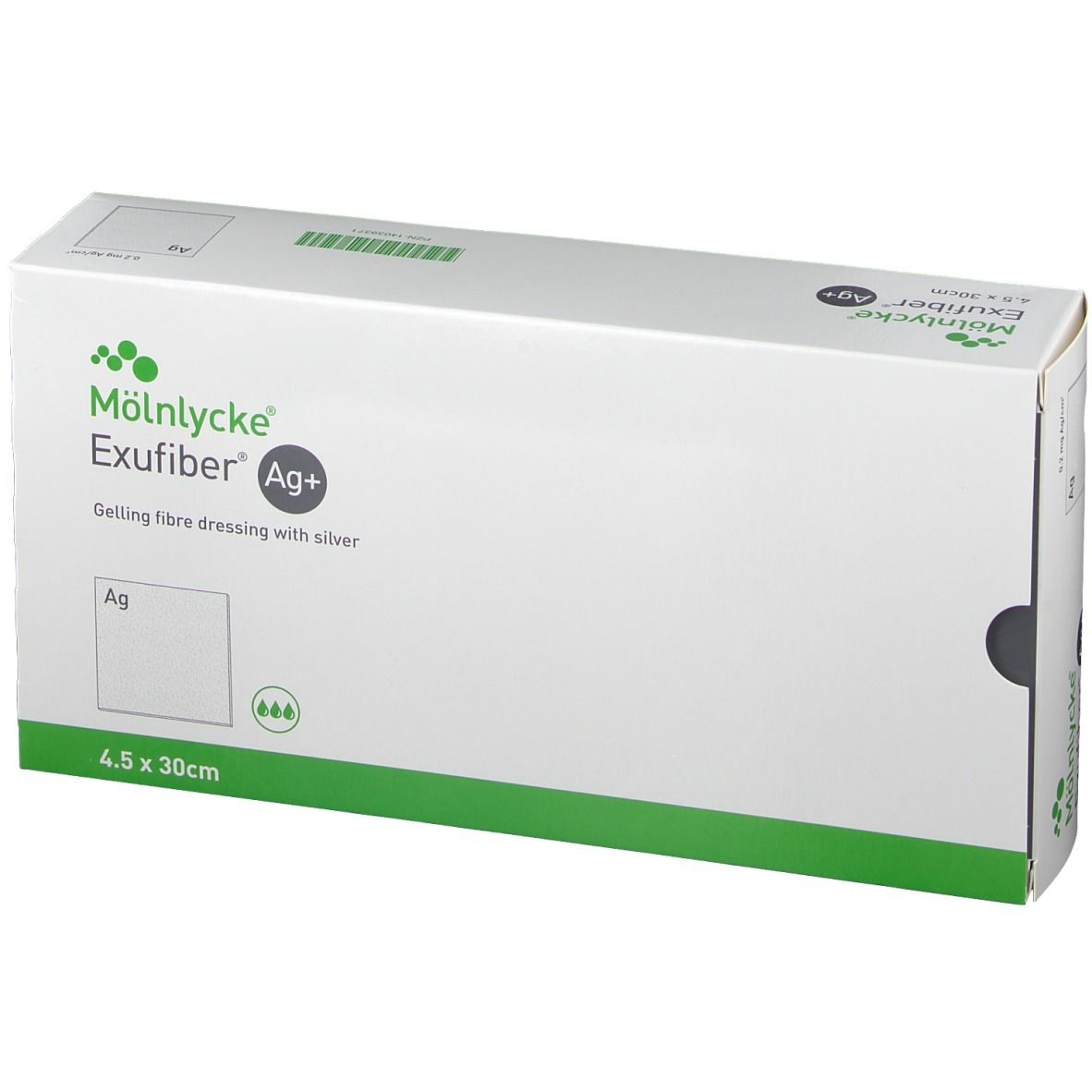 Verpackung von Mölnlycke Exufiber Ag+ Wundauflage. Größe 4,5 x 30 cm. Mit Silber. Weißer Karton mit grünen Akzenten.