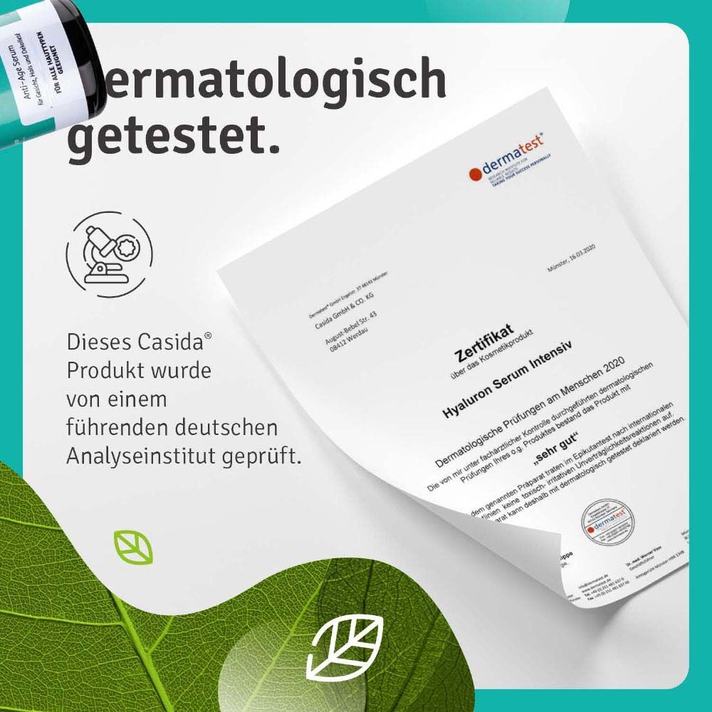 Zertifikat. Casida Hyaluron Serum Intensiv. Dermatologisch getestet. Geprüft von einem deutschen Analyseinstitut. Sehr gut.