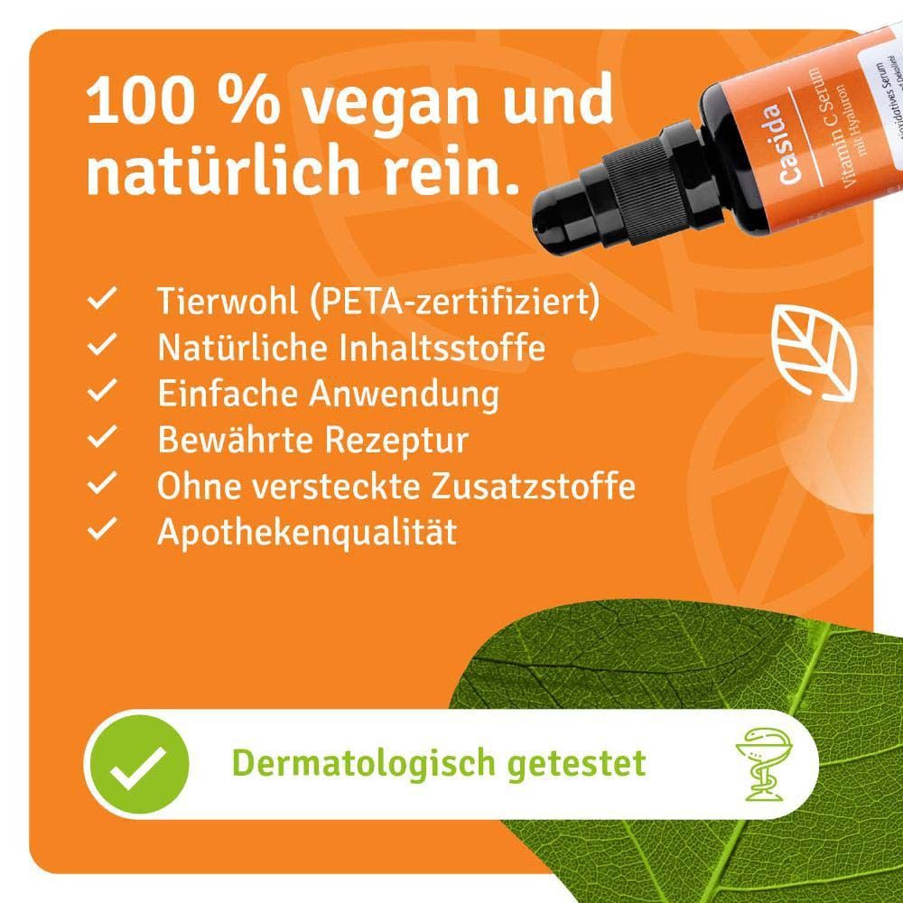 Orangefarbener Hintergrund mit Text und Häkchen. Text: 100% vegan und natürlich rein. Dermatologisch getestet.