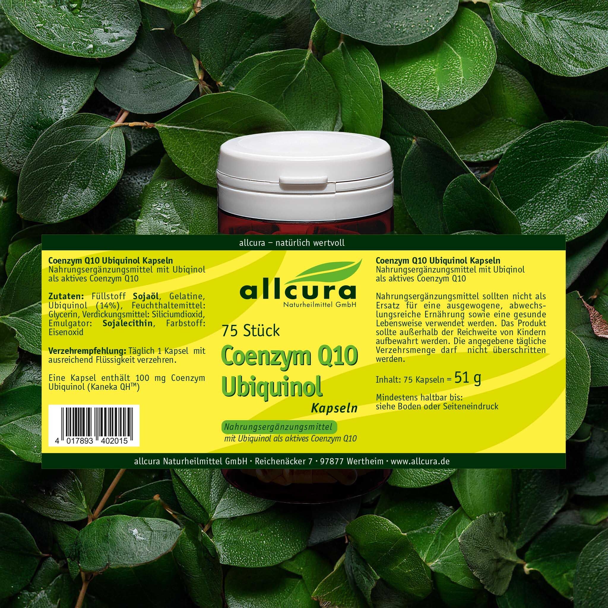 Braune Dose mit Etikett. Text: allcura Coenzym Q10 Ubiquinol Kapseln. 75 Stück. Zutatenliste.