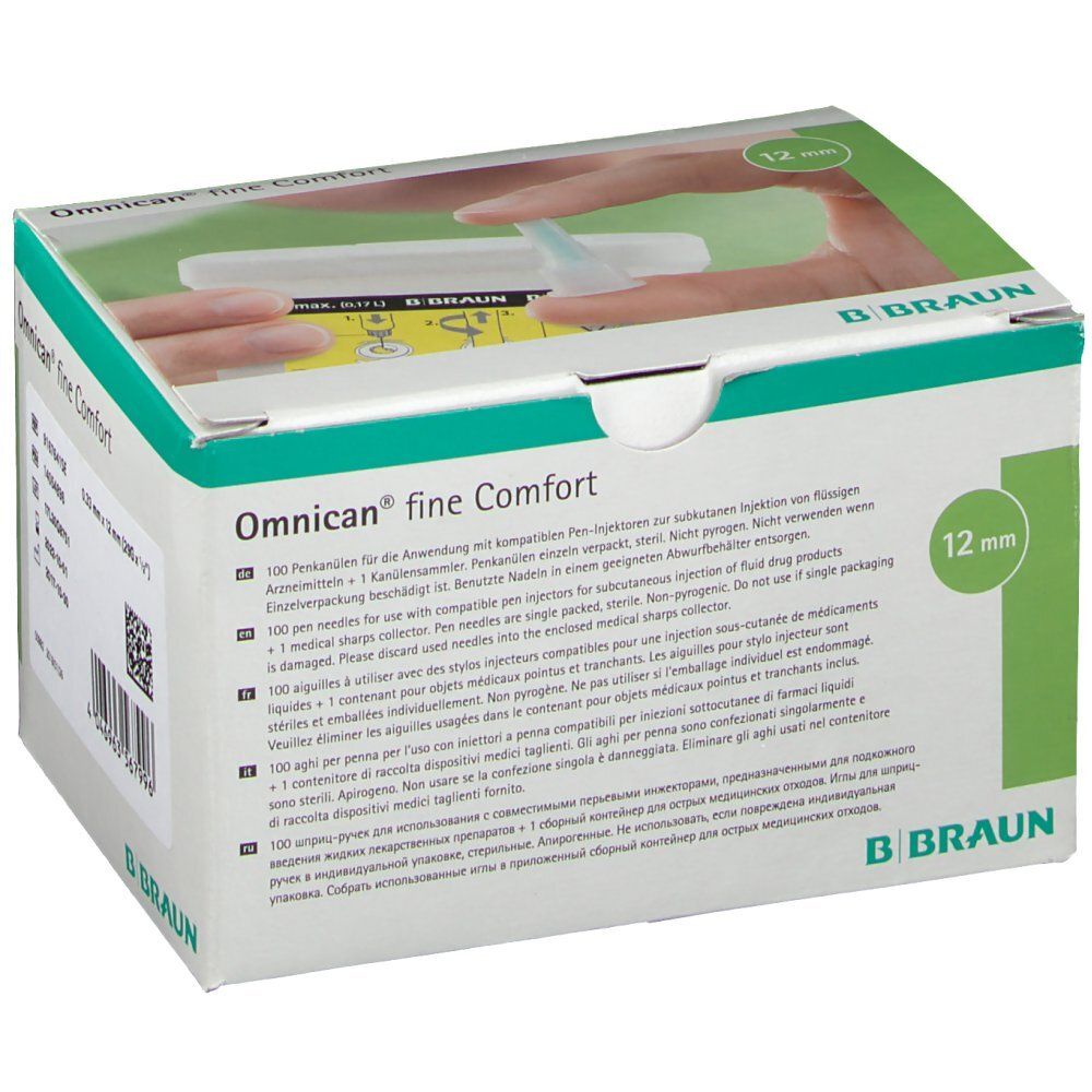 Verpackung von Omnican® fine Comfort Pen Kanüle 29 G x 12 mm. Die Schachtel zeigt eine Hand, die eine Kanüle hält. B. Braun Logo.