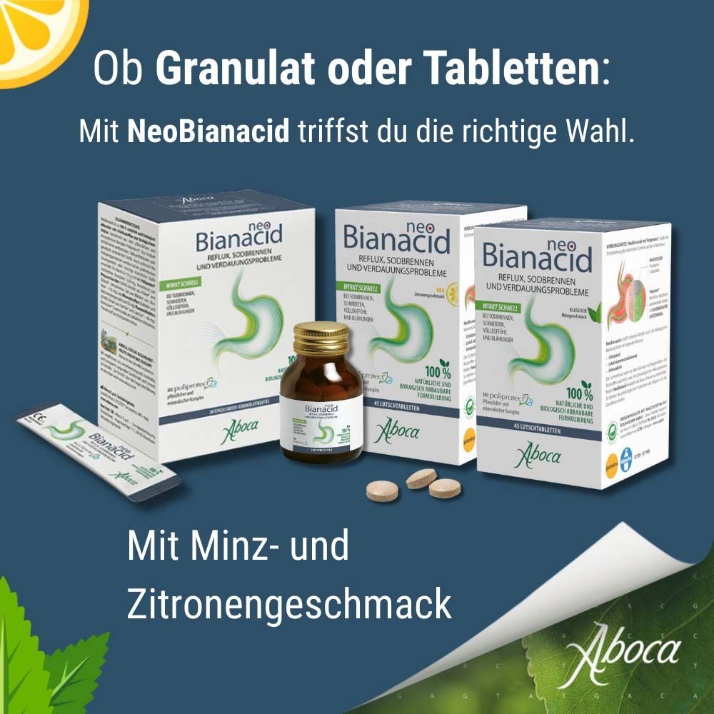 Produktabbildung. NeoBianacid-Packungen, Flasche, Tabletten. Text: Mit Minz- und Zitronengeschmack.