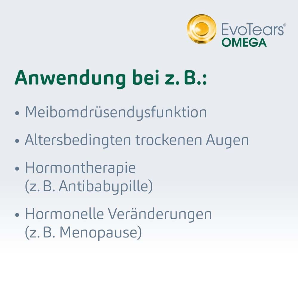 Text auf weißem Hintergrund. Anwendung bei z. B.: Meibomdrüsendysfunktion, altersbedingten trockenen Augen, etc.