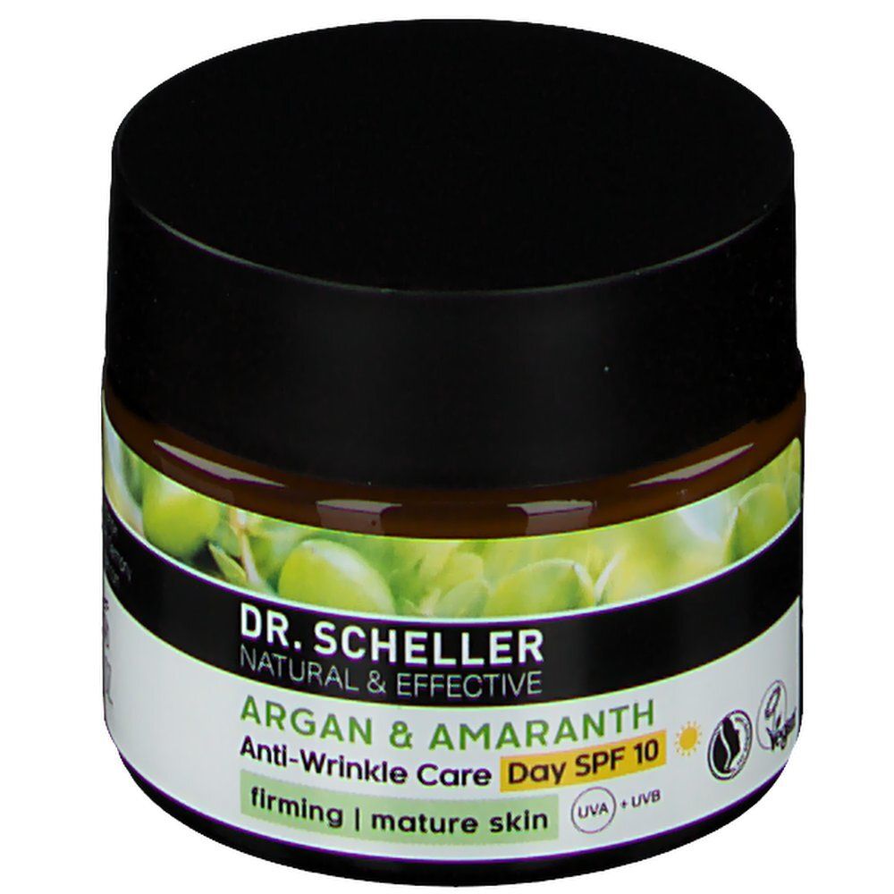 Creme-Tiegel mit schwarzem Deckel. Aufschrift: DR. SCHELLER, Argan & Amaranth, Anti-Falten Pflege Tag LSF 10. Vegan-Siegel.