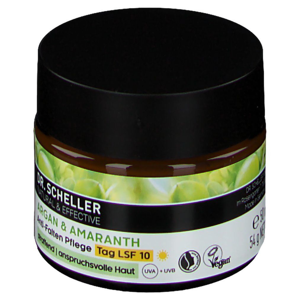 Creme-Tiegel mit schwarzem Deckel. Aufschrift: DR. SCHELLER, Argan & Amaranth, Anti-Falten Pflege Tag LSF 10. Vegan-Siegel. 50ml.