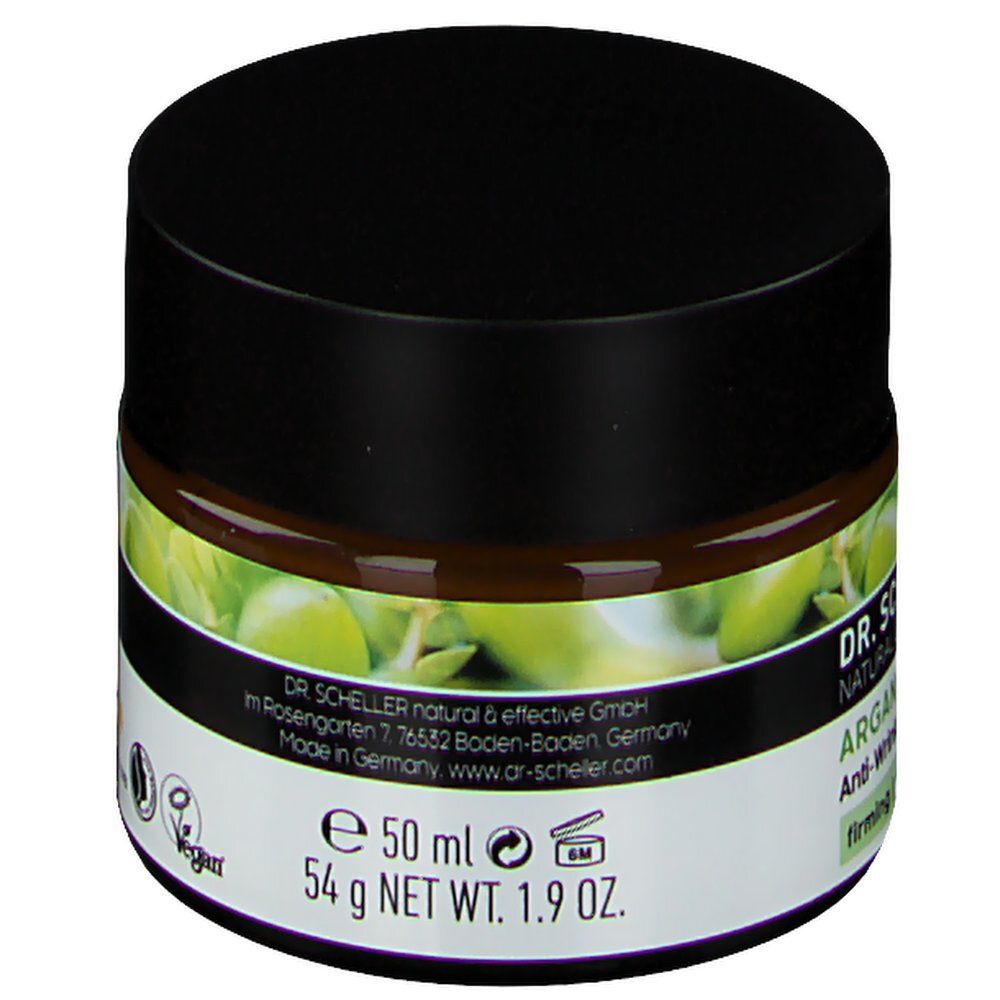 Creme-Tiegel mit schwarzem Deckel. Aufschrift: DR. SCHELLER, Argan & Amaranth, Anti-Falten Pflege. Vegan-Siegel. 50 ml, 54 g.