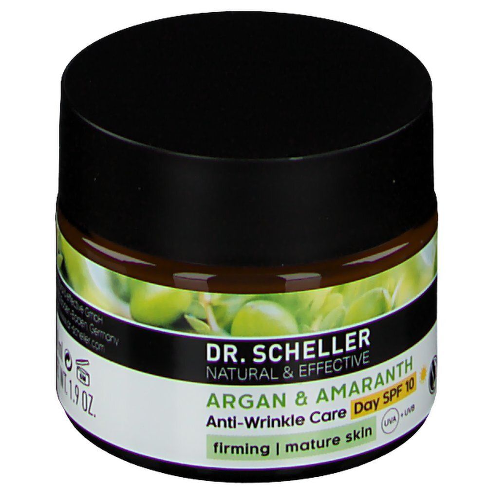 Creme-Tiegel mit schwarzem Deckel. Aufschrift: DR. SCHELLER, Argan & Amaranth, Anti-Falten Pflege Tag LSF 10. Vegan-Siegel. 1.9 OZ.