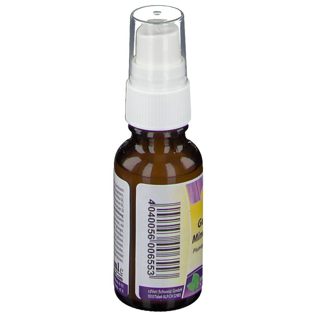 Braune Sprühflasche mit weißem Sprühkopf. Aufdruck: 20 ml, EAN-Code, Logo cdVet.