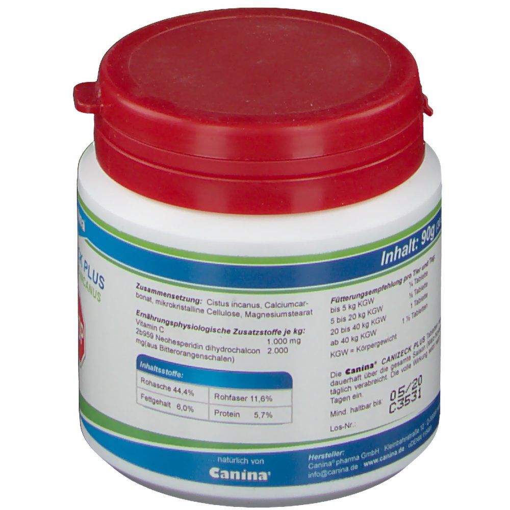 Weiße Dose mit rotem Deckel. Aufschrift: CANIZECK PLUS. Angaben zu Inhaltsstoffen und Nährwerten. Blaue und grüne Streifen.