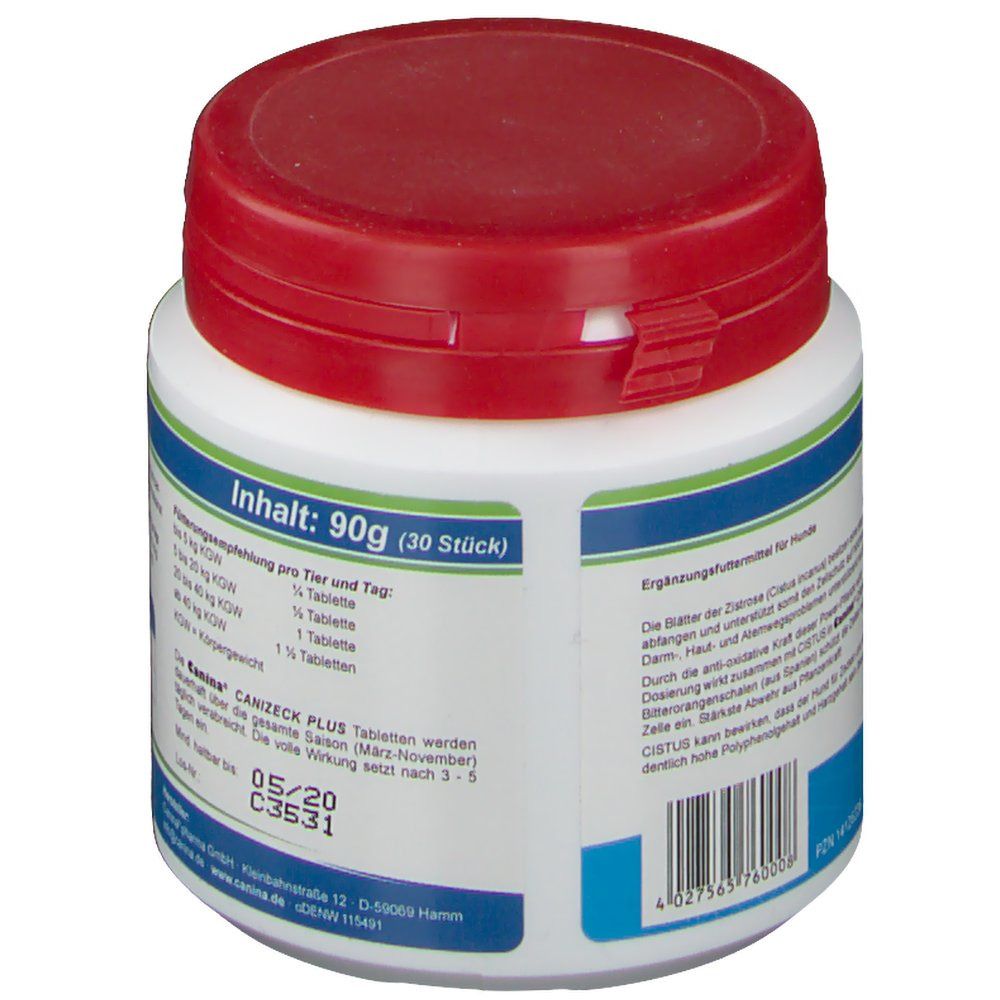 Weiße Dose mit rotem Deckel. Aufschrift: CANIZECK PLUS. Angaben zur Fütterungsempfehlung. Blaue und grüne Streifen. Inhalt: 90g (30 Stück).