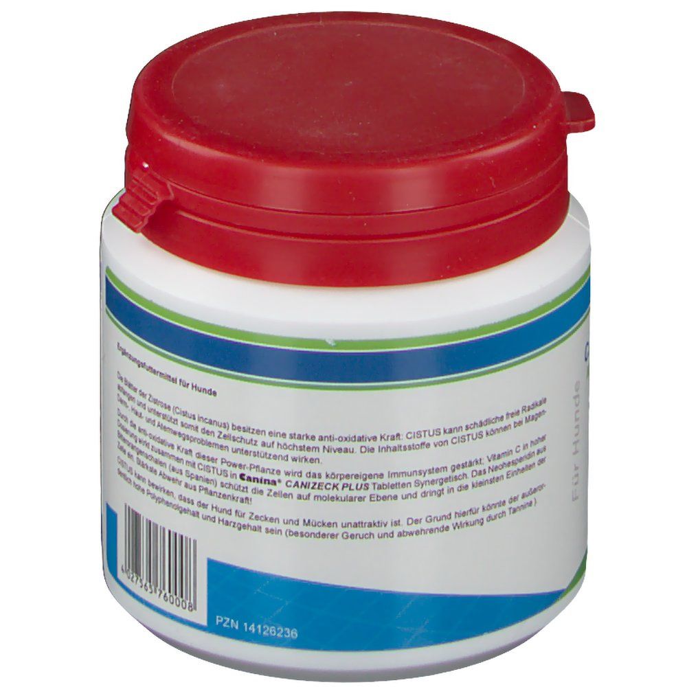 Weiße Dose mit rotem Deckel. Aufschrift: CANIZECK PLUS. Text zur Ergänzungsfuttermittel für Hunde. Blaue und grüne Streifen. Barcode.