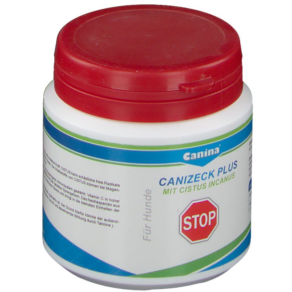 Weiße Dose mit rotem Deckel. Aufschrift: Canina, CANIZECK PLUS, STOP-Schild. Blaue und grüne Streifen zieren die Dose. Für Hunde.